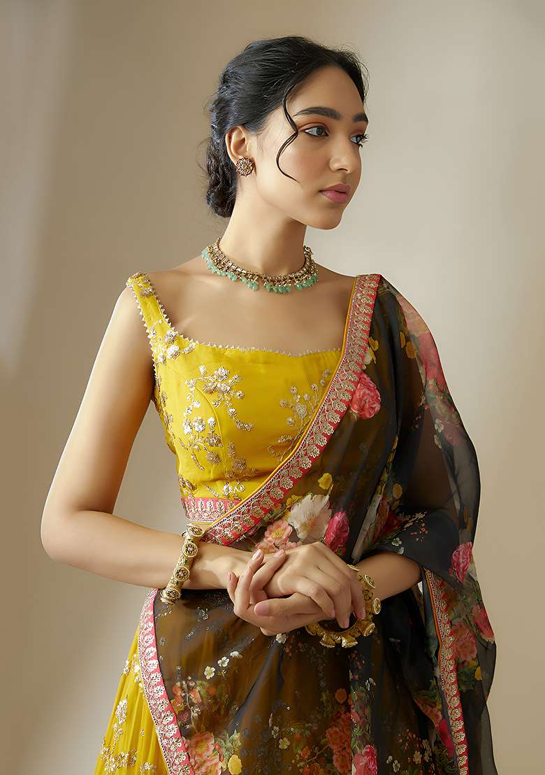Yellow Embroidered Georgette Lehenga Choli for Diwali and Festive Wear - Indya