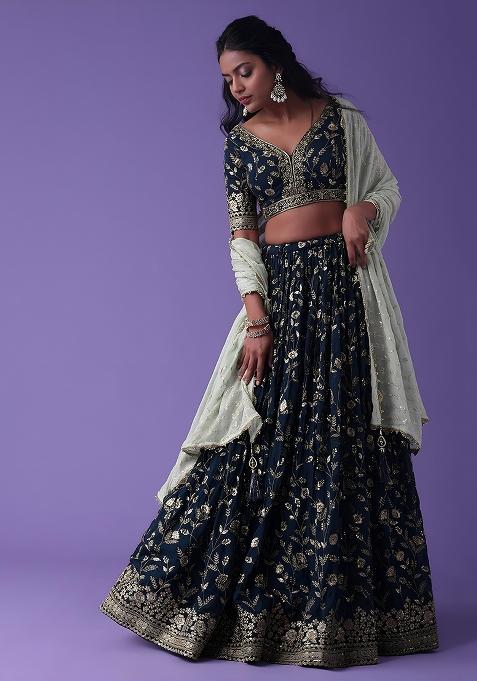 Blue Embroidered Georgette Lehenga Choli