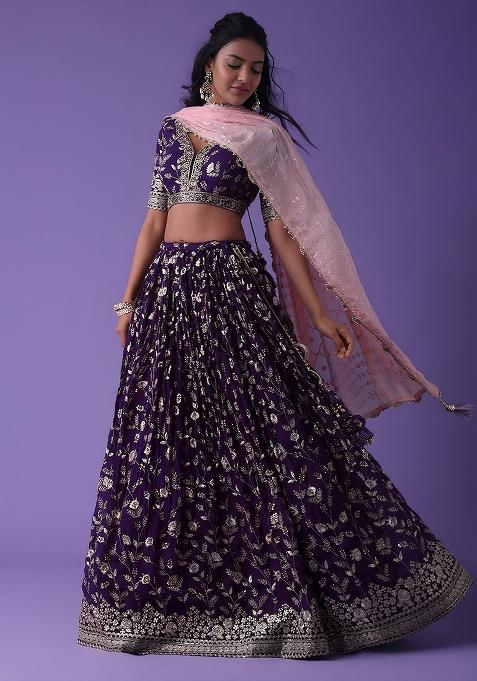 Purple Embroidered Georgette Lehenga Choli