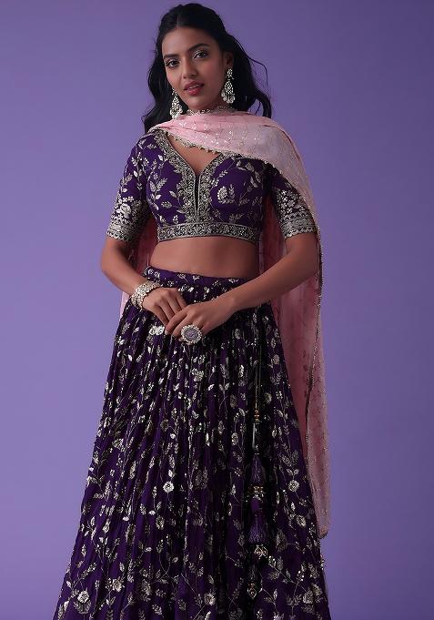 Purple Embroidered Georgette Lehenga Choli