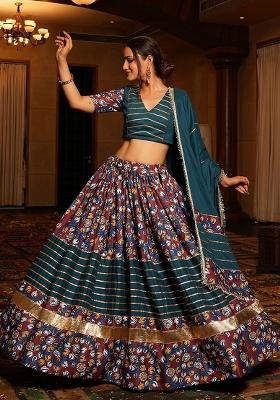 Green Embroidered Crepe Lehenga Choli
