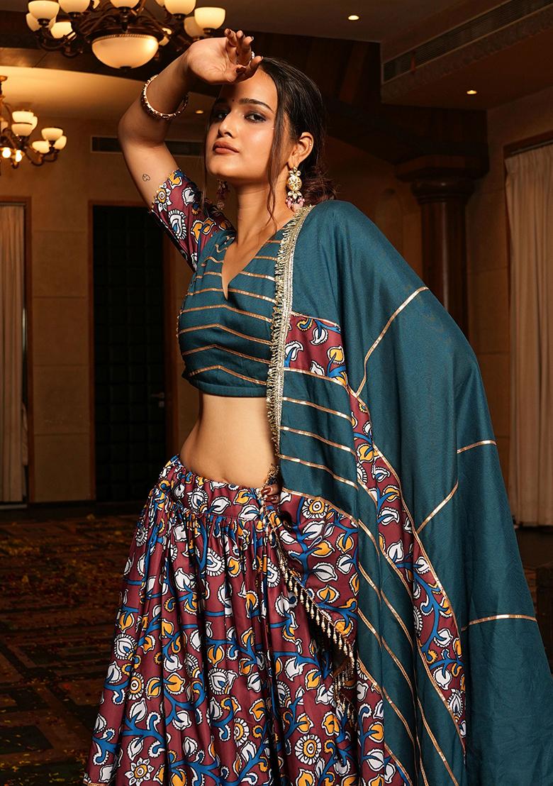 Green Embroidered Crepe Lehenga Choli - Indya