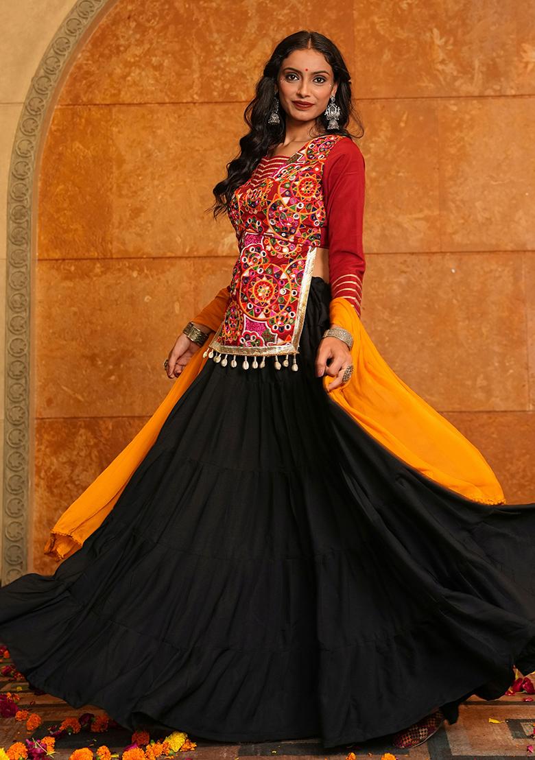 Black Embroidered Crepe Lehenga Choli - Indya
