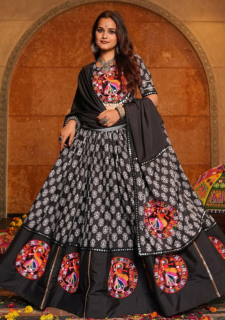 Black Embroidered Crepe Lehenga Choli - Indya