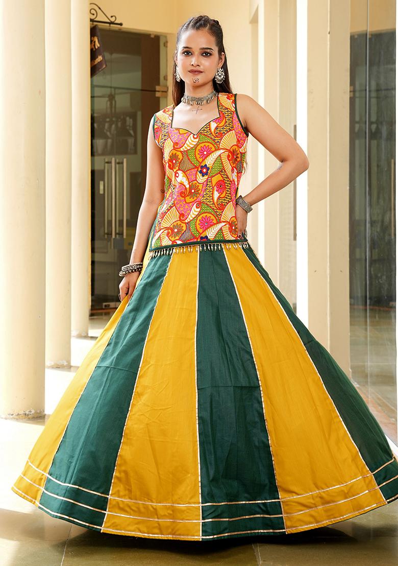Yellow Embroidered Cotton Lehenga Choli