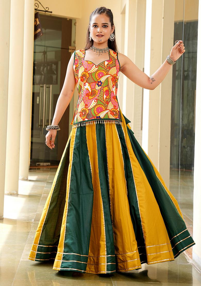 Yellow Embroidered Cotton Lehenga Choli
