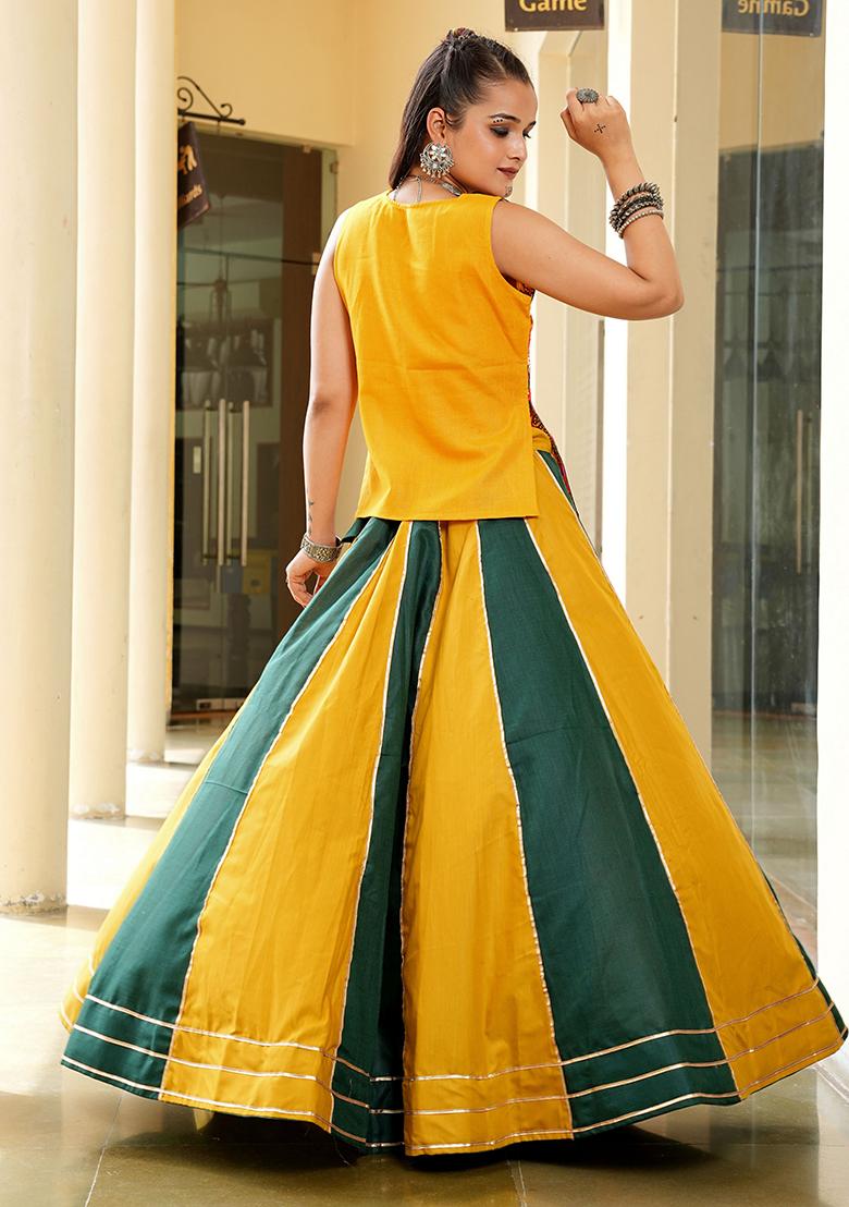 Yellow Embroidered Cotton Lehenga Choli