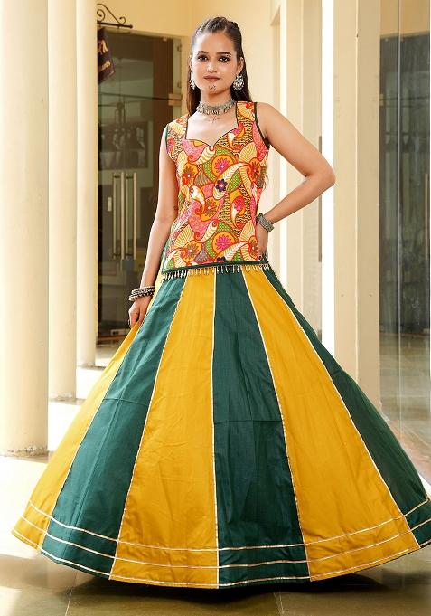 Yellow Embroidered Cotton Lehenga Choli