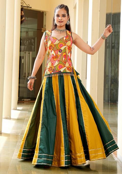 Yellow Embroidered Cotton Lehenga Choli