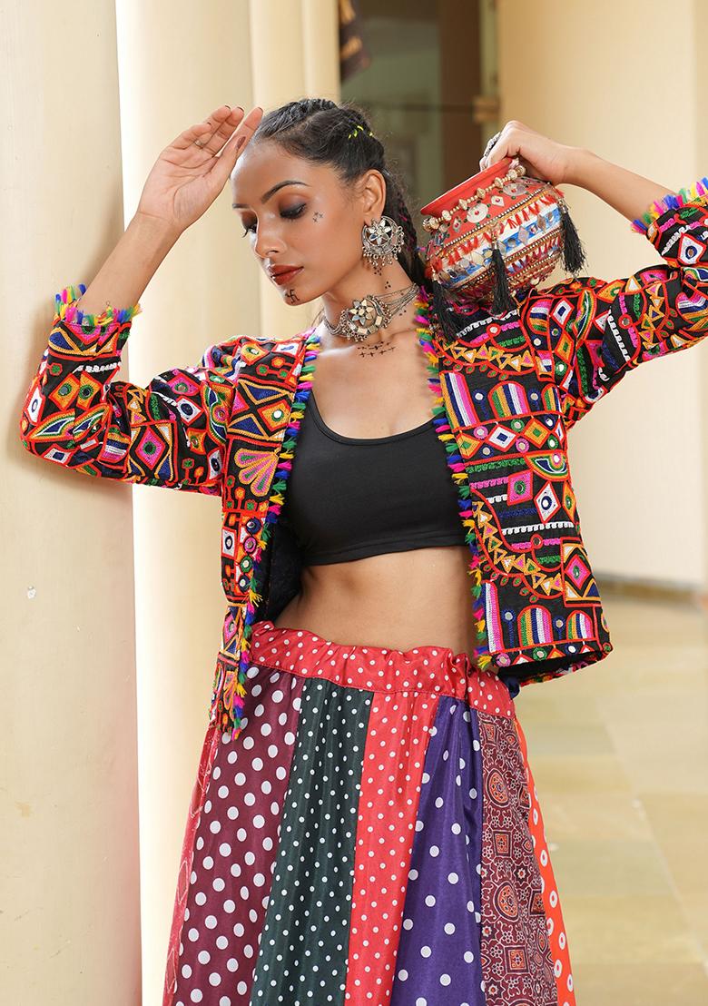 Multi Embroidered Crepe Lehenga Choli - Indya