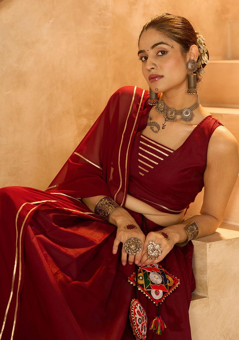Maroon Embroidered Crepe Lehenga Choli