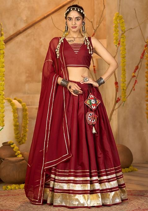 Maroon Embroidered Crepe Lehenga Choli