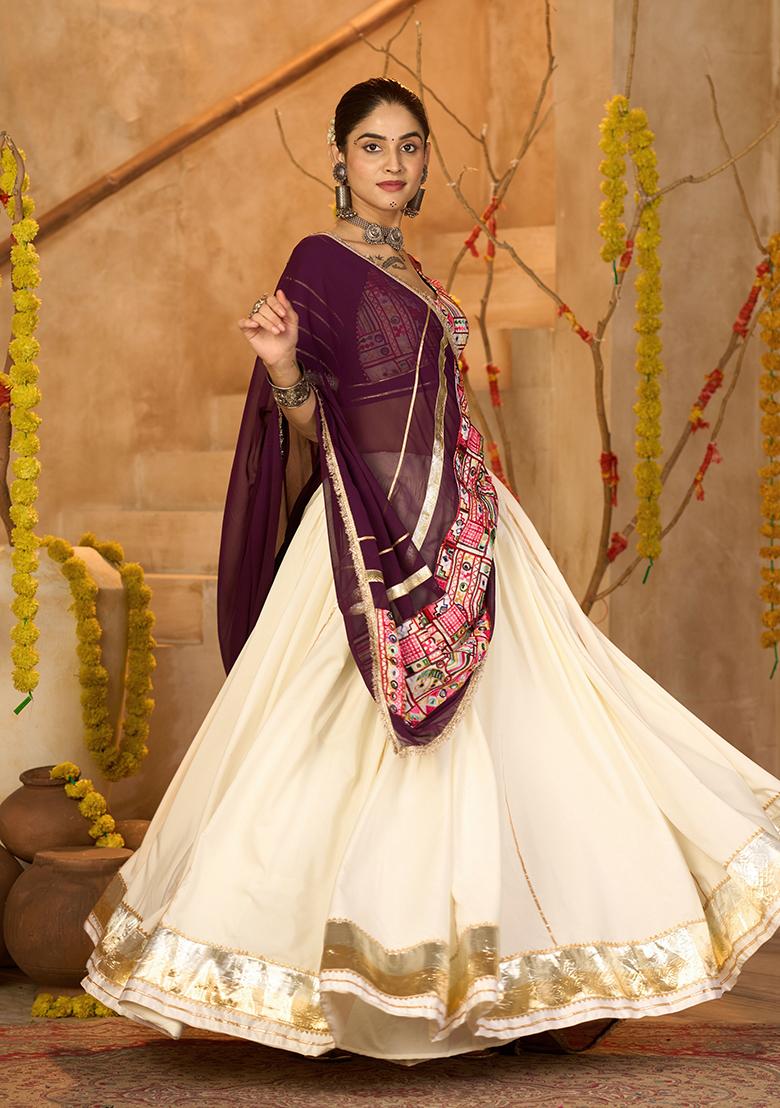 Beige Embroidered Crepe Lehenga Choli - Indya