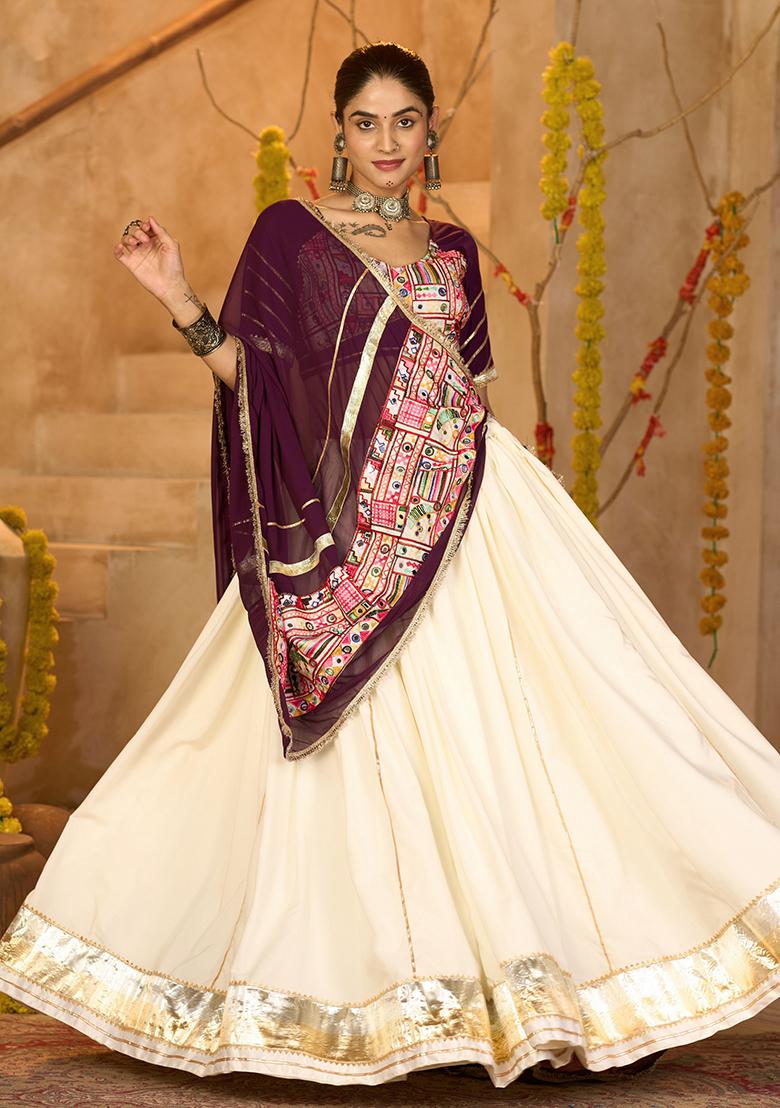 Beige Embroidered Crepe Lehenga Choli - Indya