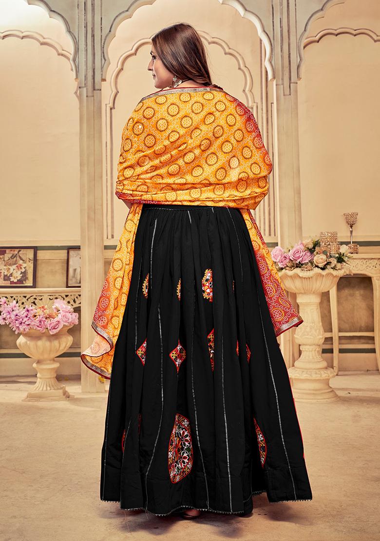 Black Embroidered Cotton Lehenga Choli - Indya