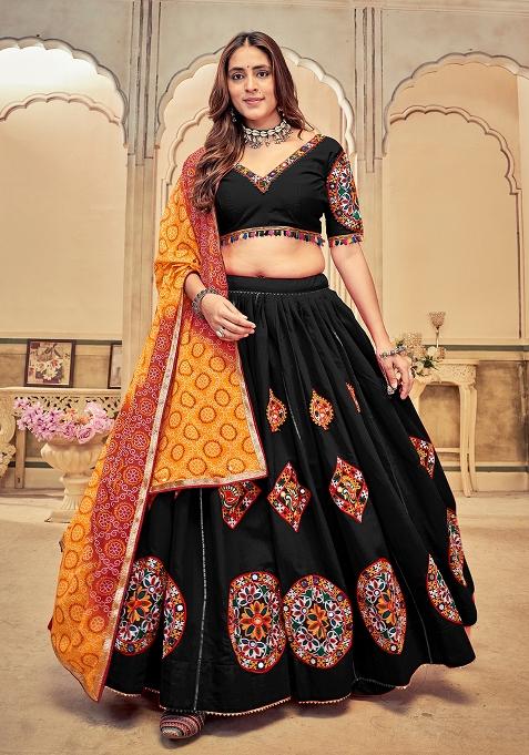 Black Embroidered Cotton Lehenga Choli