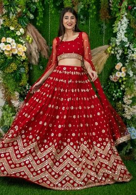Red Embroidered Georgette Lehenga Choli