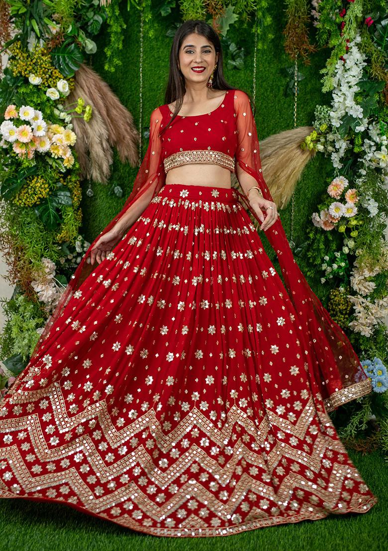 Red Embroidered Georgette Lehenga Choli