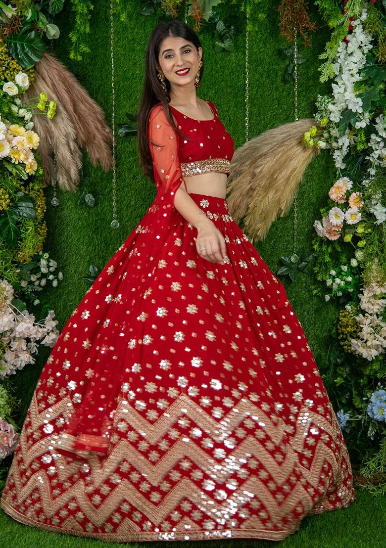 Red Embroidered Georgette Lehenga Choli