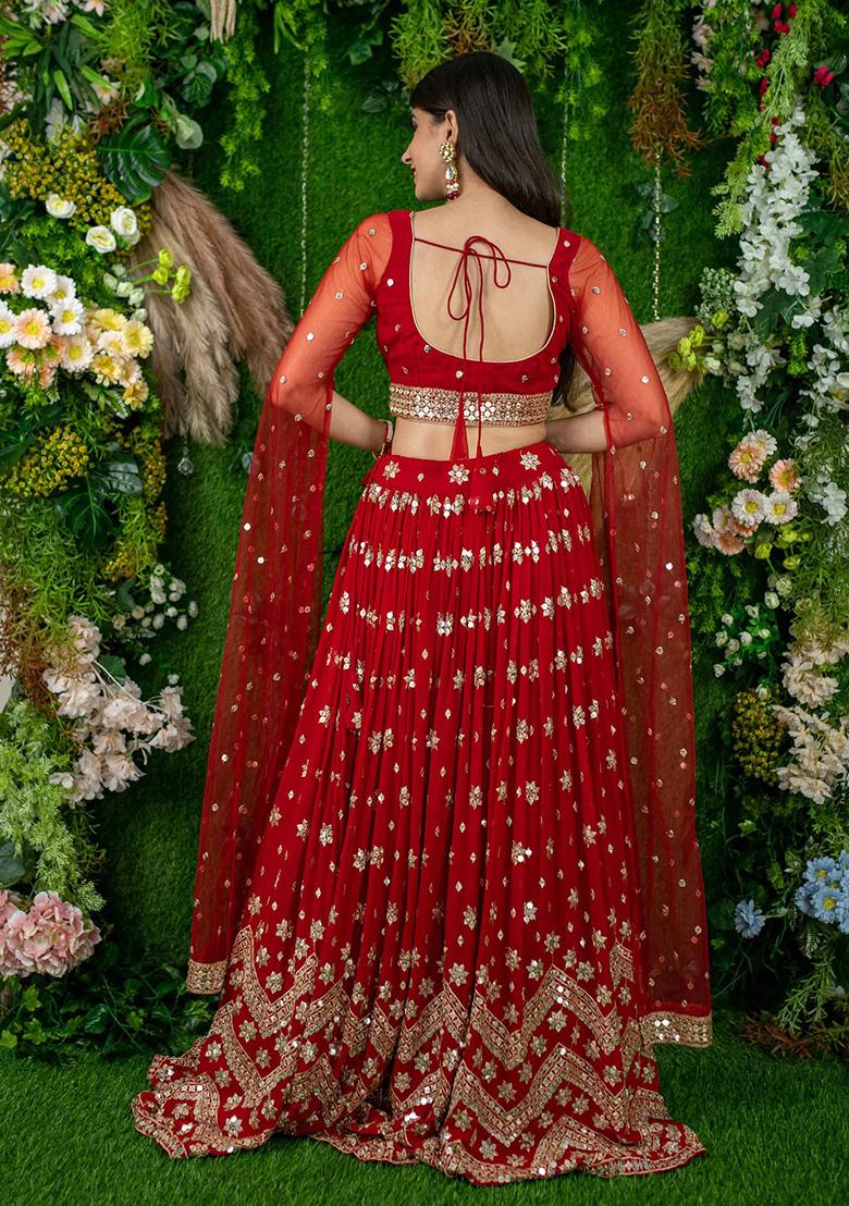Red Embroidered Georgette Lehenga Choli