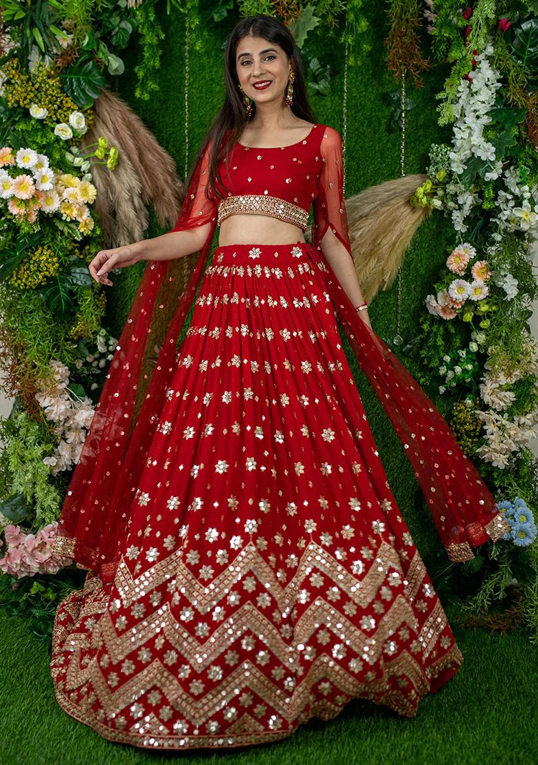 Red Embroidered Georgette Lehenga Choli