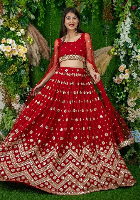 Red Embroidered Georgette Lehenga Choli