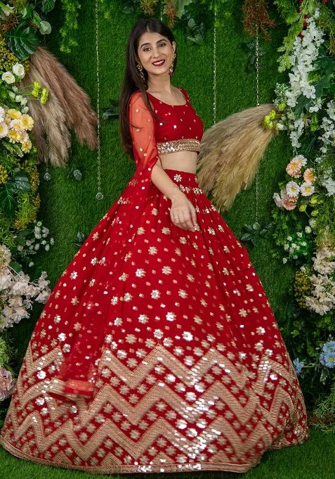 Red Embroidered Georgette Lehenga Choli