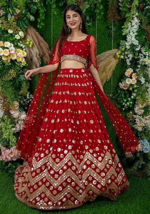 Red Embroidered Georgette Lehenga Choli