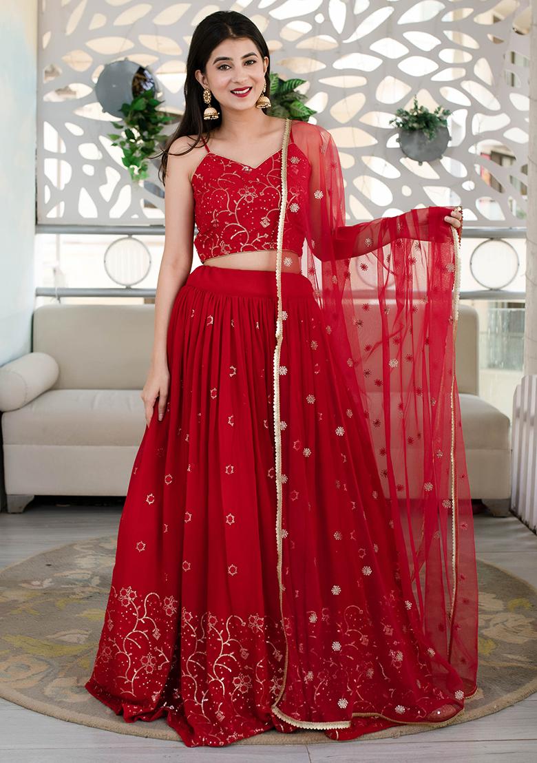 Red Embroidered Georgette Lehenga Choli