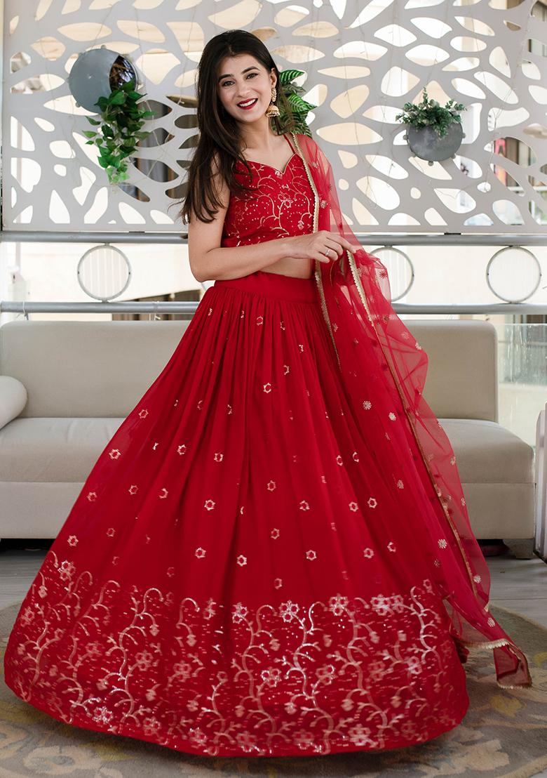 Red Embroidered Georgette Lehenga Choli
