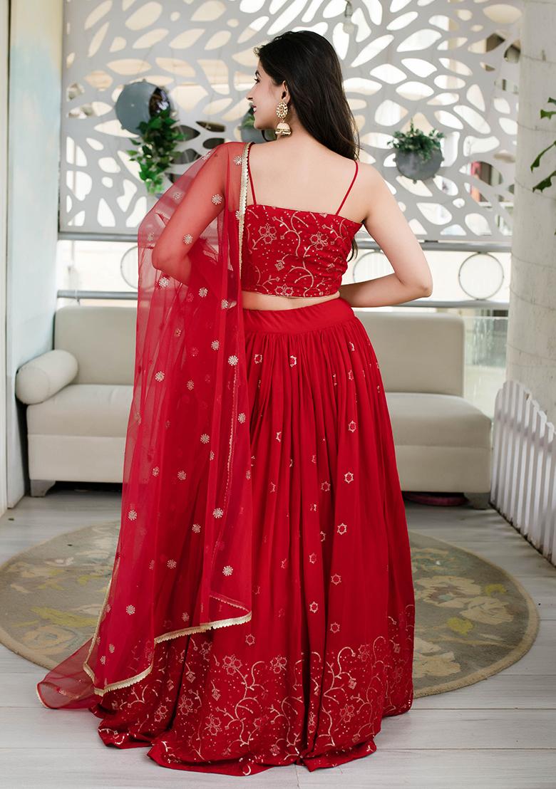 Red Embroidered Georgette Lehenga Choli