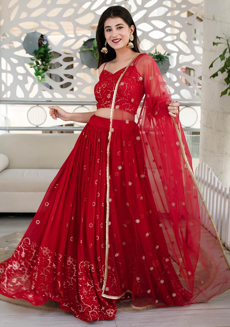 Red Embroidered Georgette Lehenga Choli