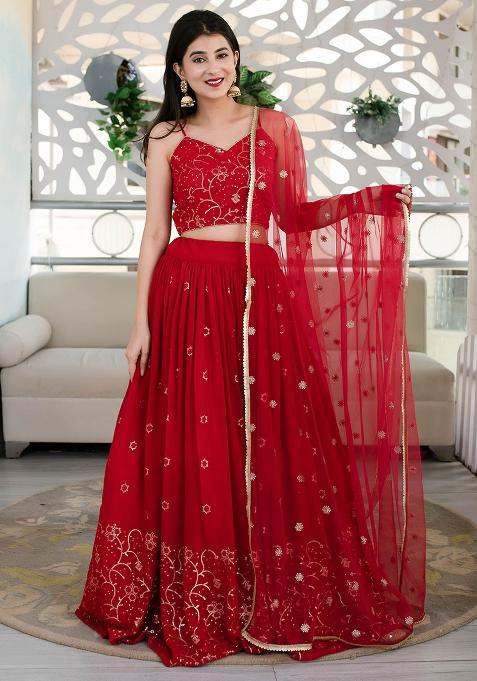 Red Embroidered Georgette Lehenga Choli