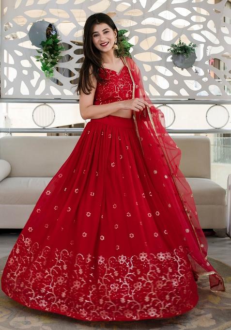 Red Embroidered Georgette Lehenga Choli
