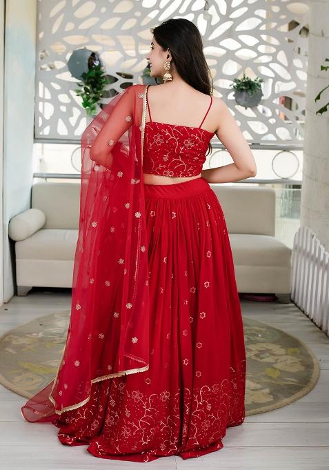 Red Embroidered Georgette Lehenga Choli