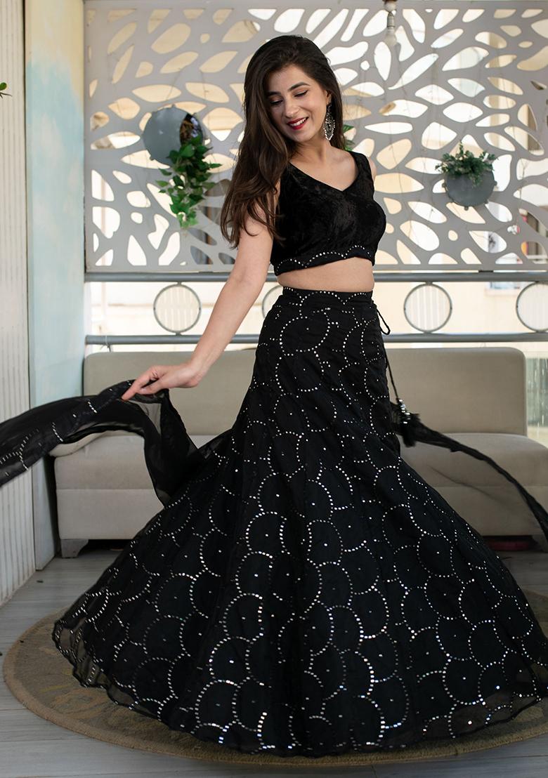 Black Embroidered Organza Lehenga Choli - Indya
