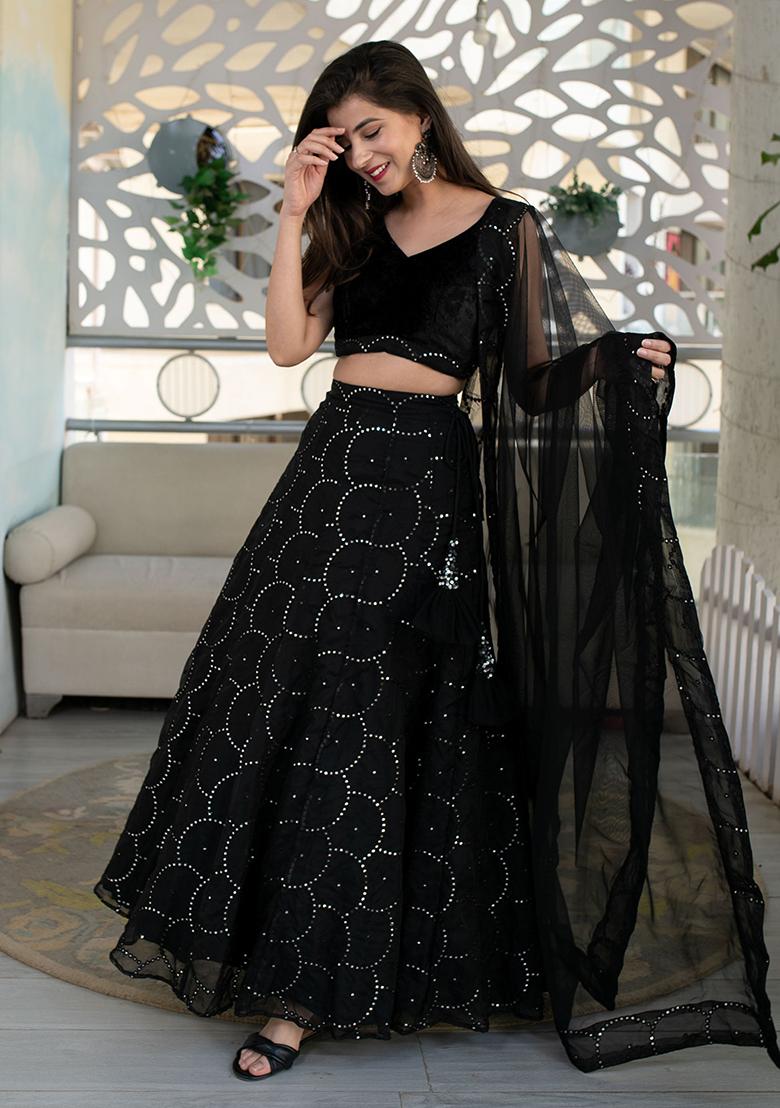 Black Embroidered Organza Lehenga Choli - Indya