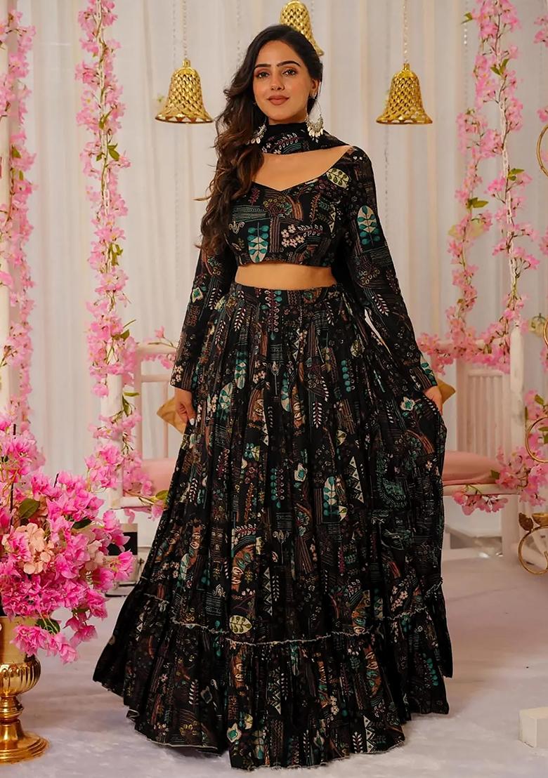 Black Printed Silk Lehenga Choli