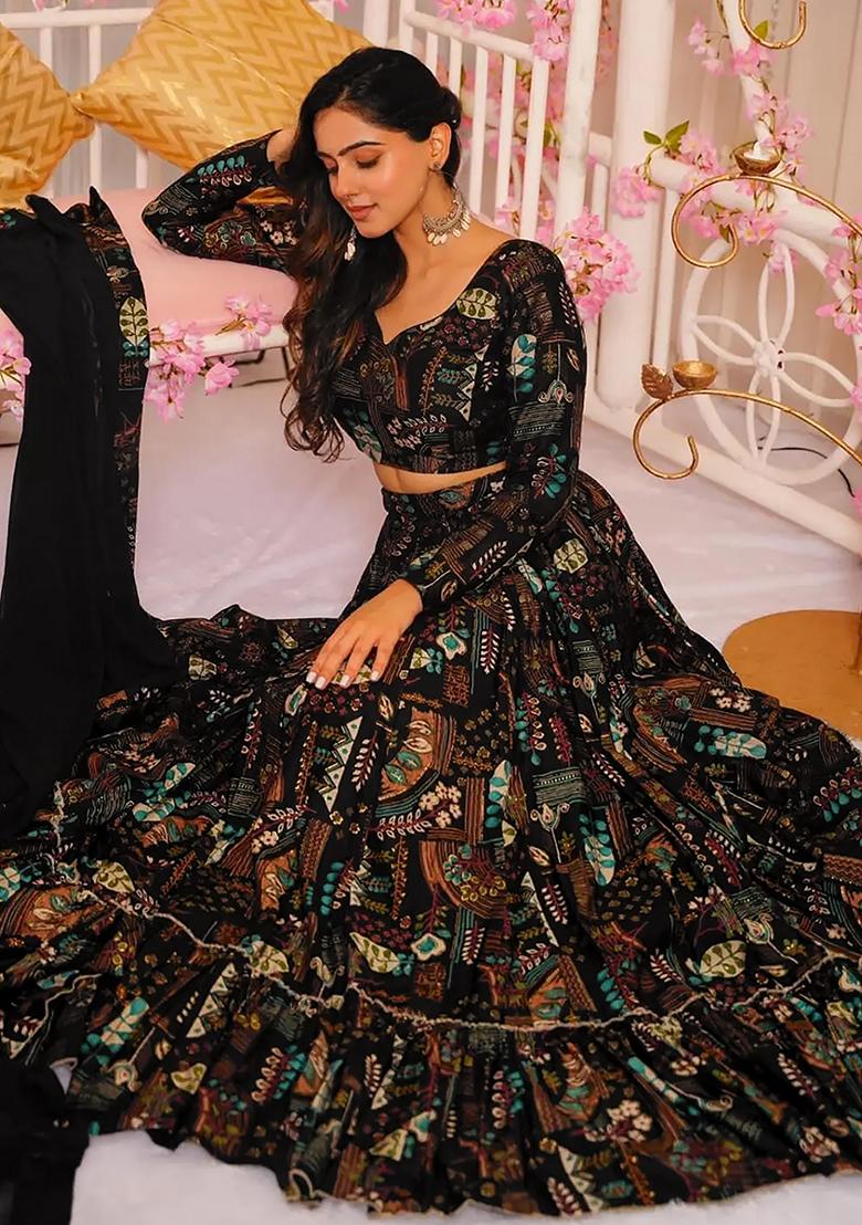 Black Printed Silk Lehenga Choli