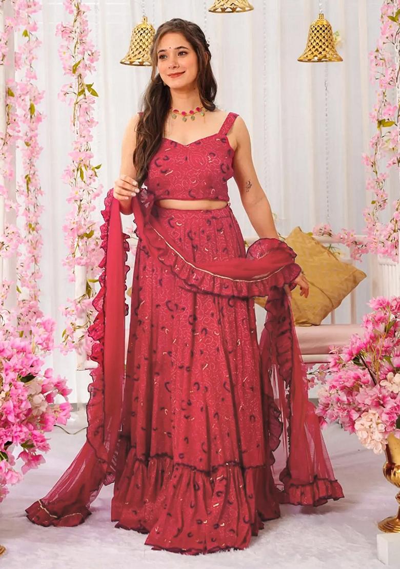 Maroon Printed Silk Lehenga Choli