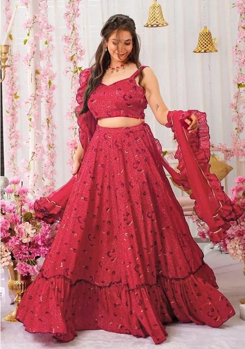 Maroon Printed Silk Lehenga Choli