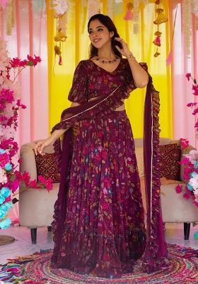 Wine Printed Silk Lehenga Choli