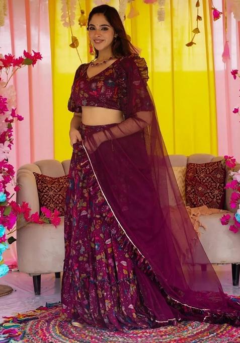 Wine Printed Silk Lehenga Choli