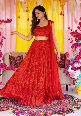 Red Printed Silk Lehenga Choli