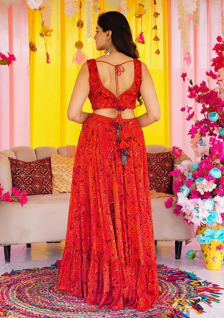 Red Printed Silk Lehenga Choli