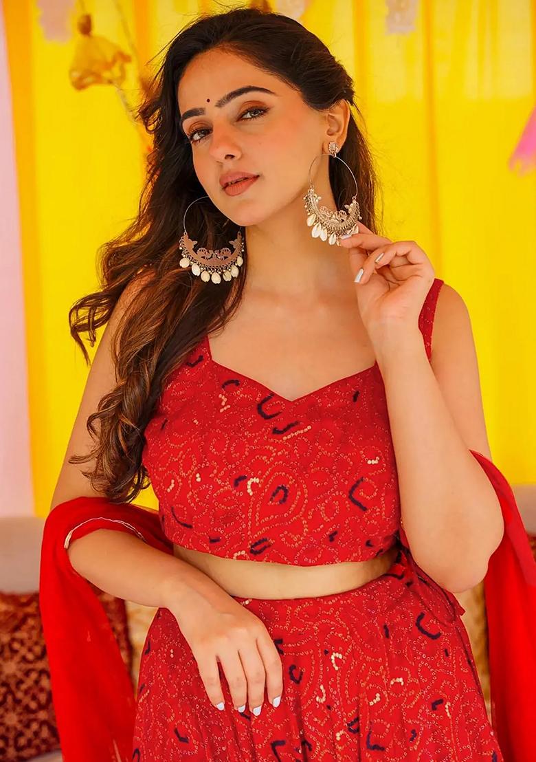 Red Printed Silk Lehenga Choli