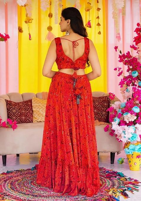 Red Printed Silk Lehenga Choli