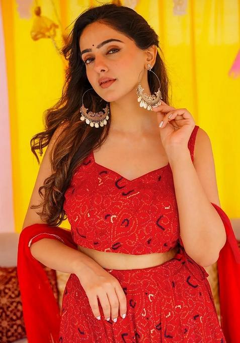 Red Printed Silk Lehenga Choli