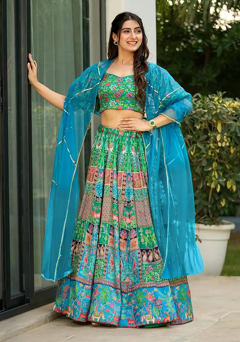 Green Printed Silk Lehenga Choli