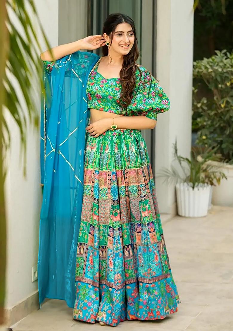Green Printed Silk Lehenga Choli